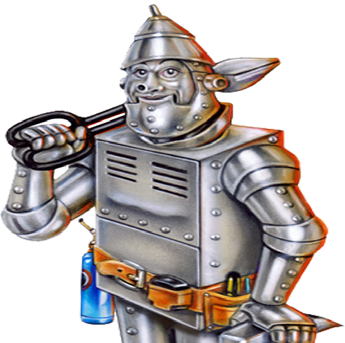 image of a tin man holding snips leaning on hammer with a furnace body
